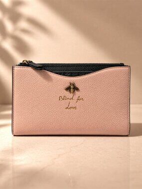 Authentic Gucci Bee Logo Pink Leather Zip Wallet Clutch|Luxury Designer Wristlet